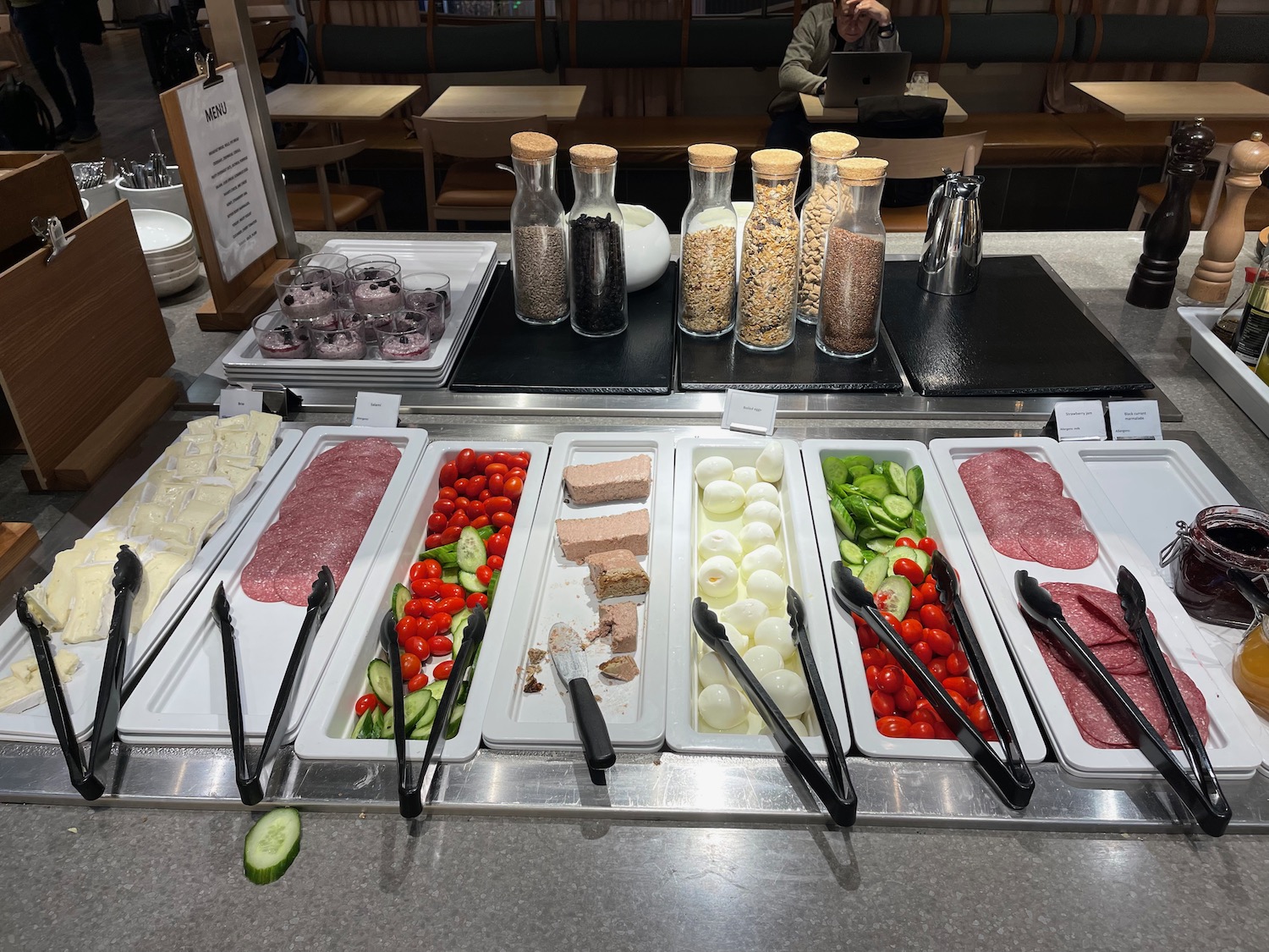 a buffet with different food items on it