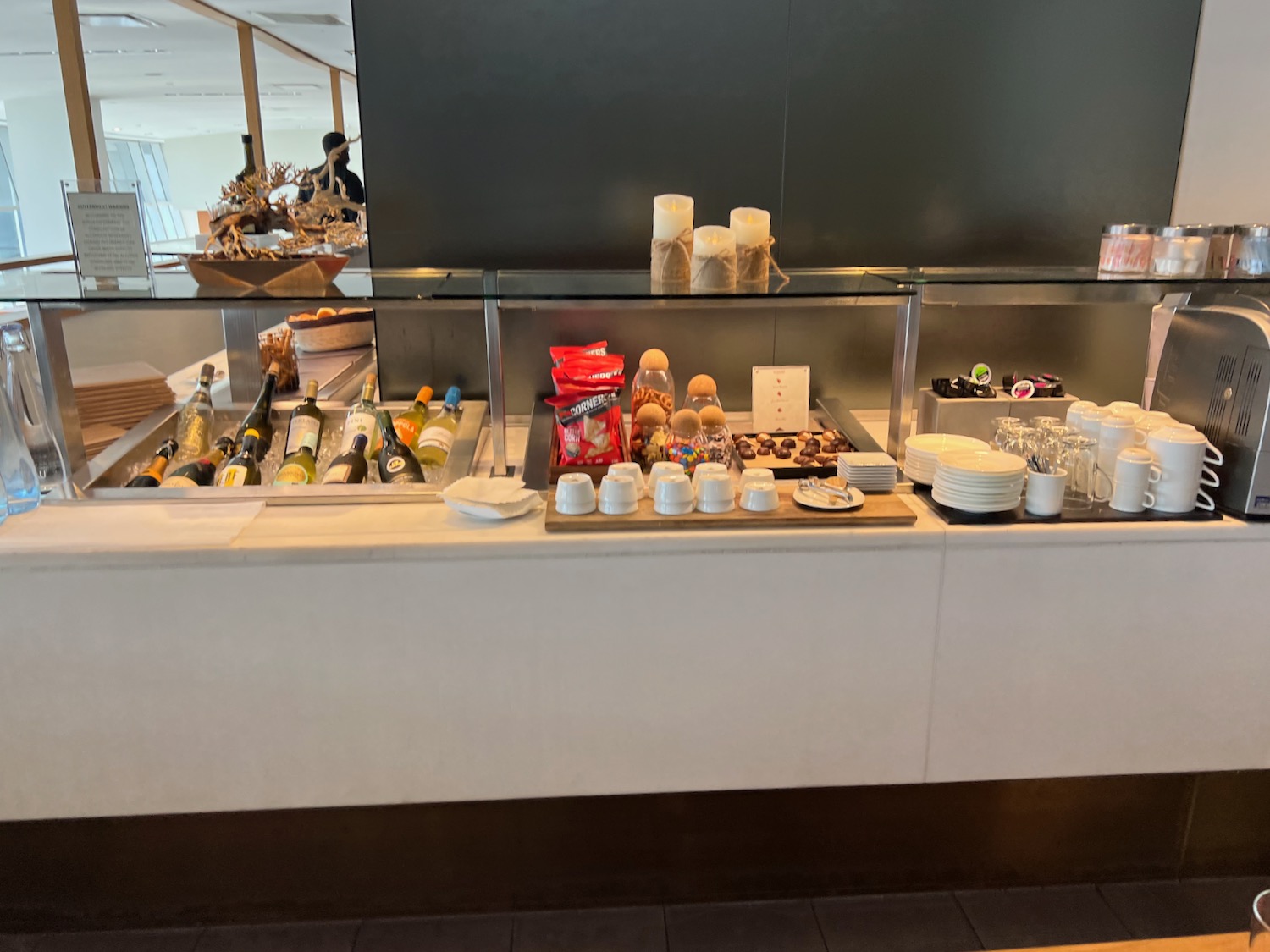 a buffet table with food and drinks