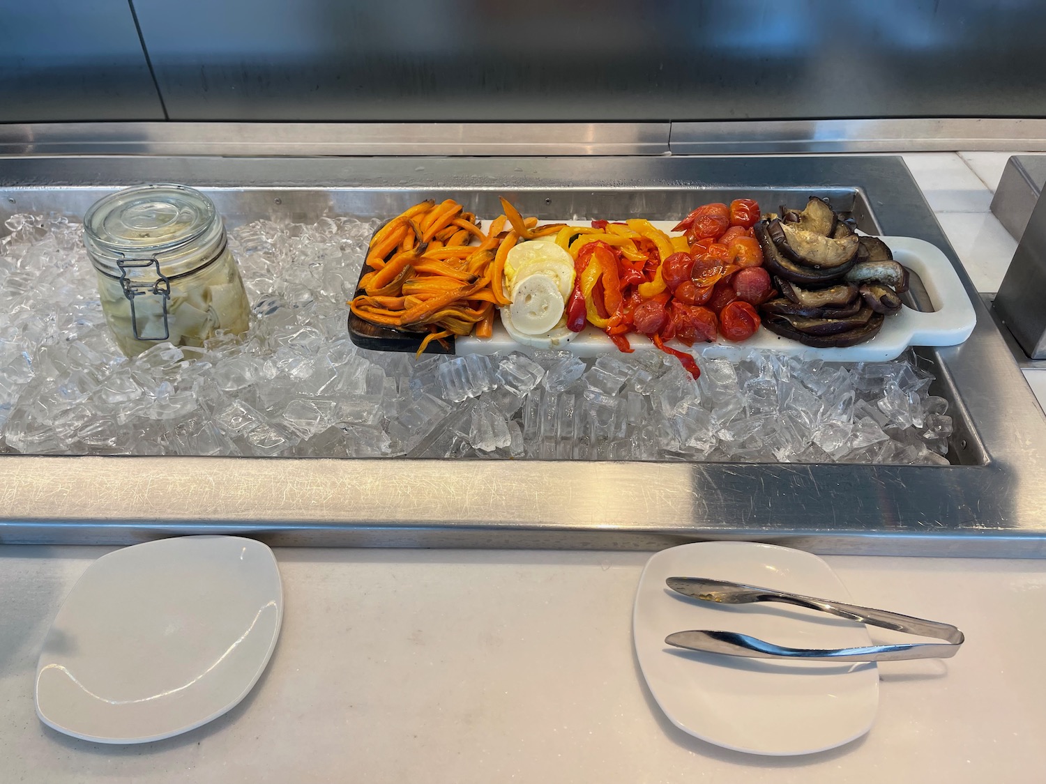 a tray of food on ice