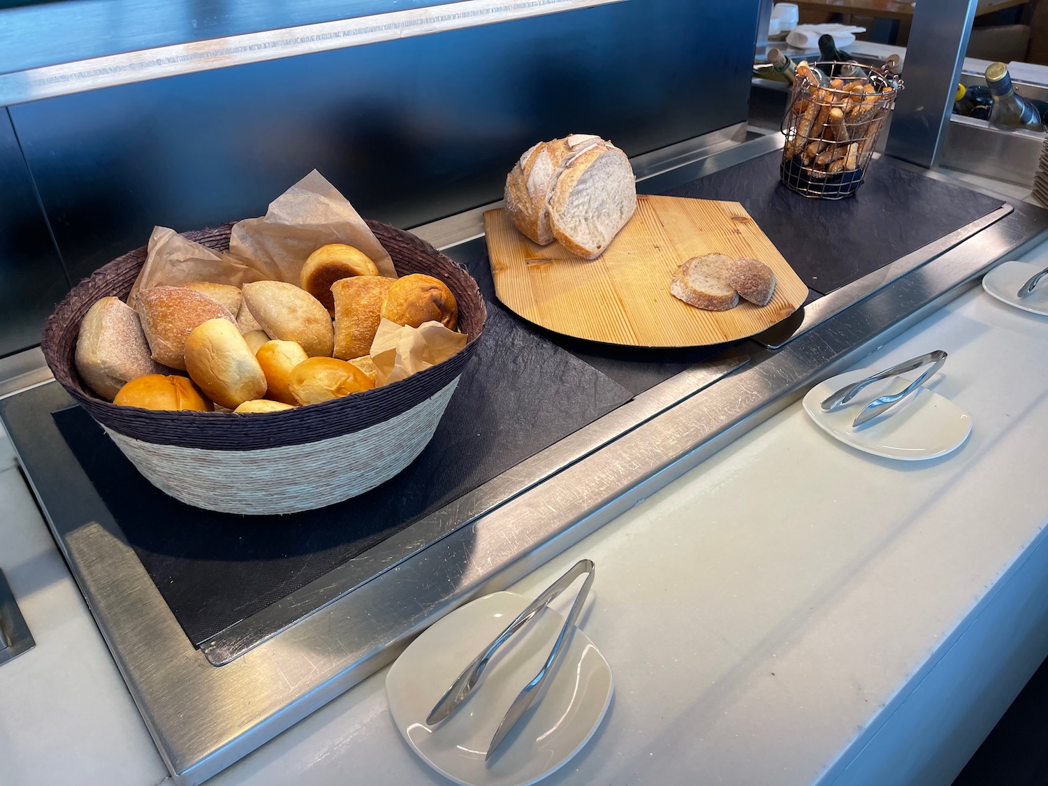 a basket of bread and a basket of bread on a counter