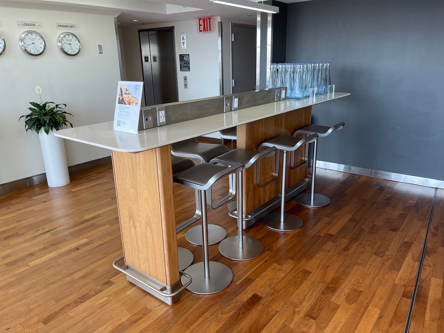 a bar with stools and water bottles