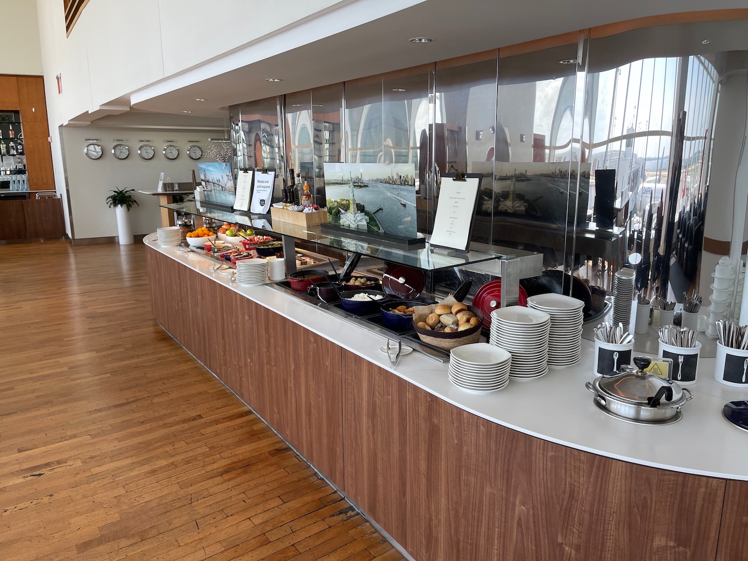 a buffet with food on the counter