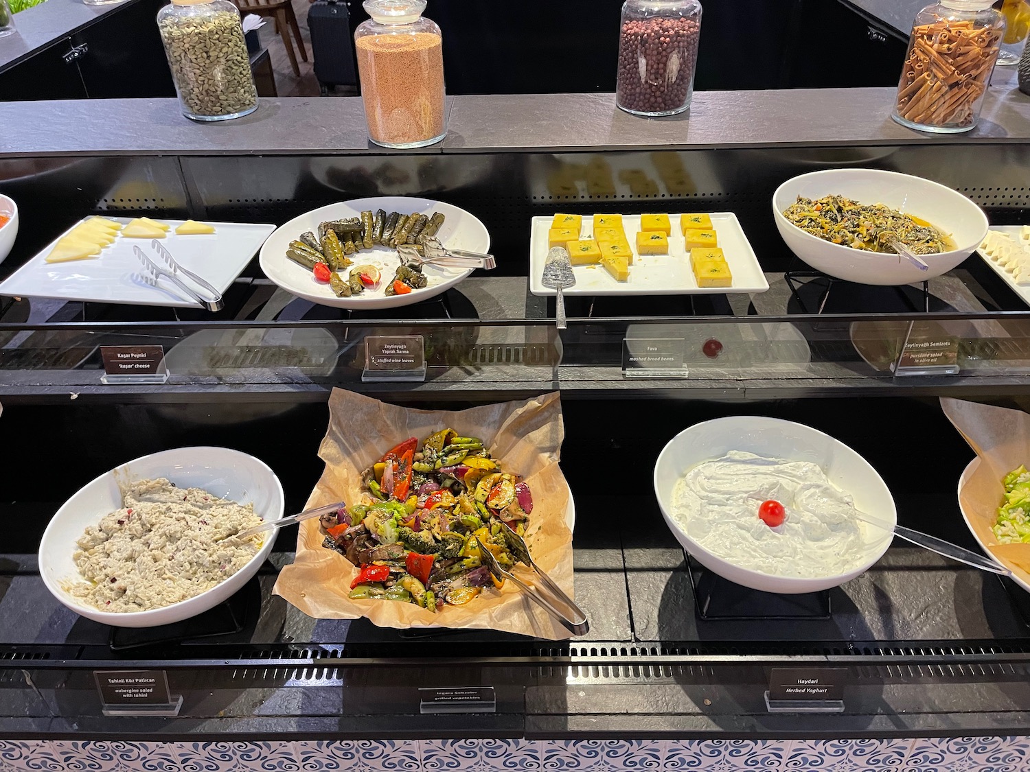 a buffet with different food items