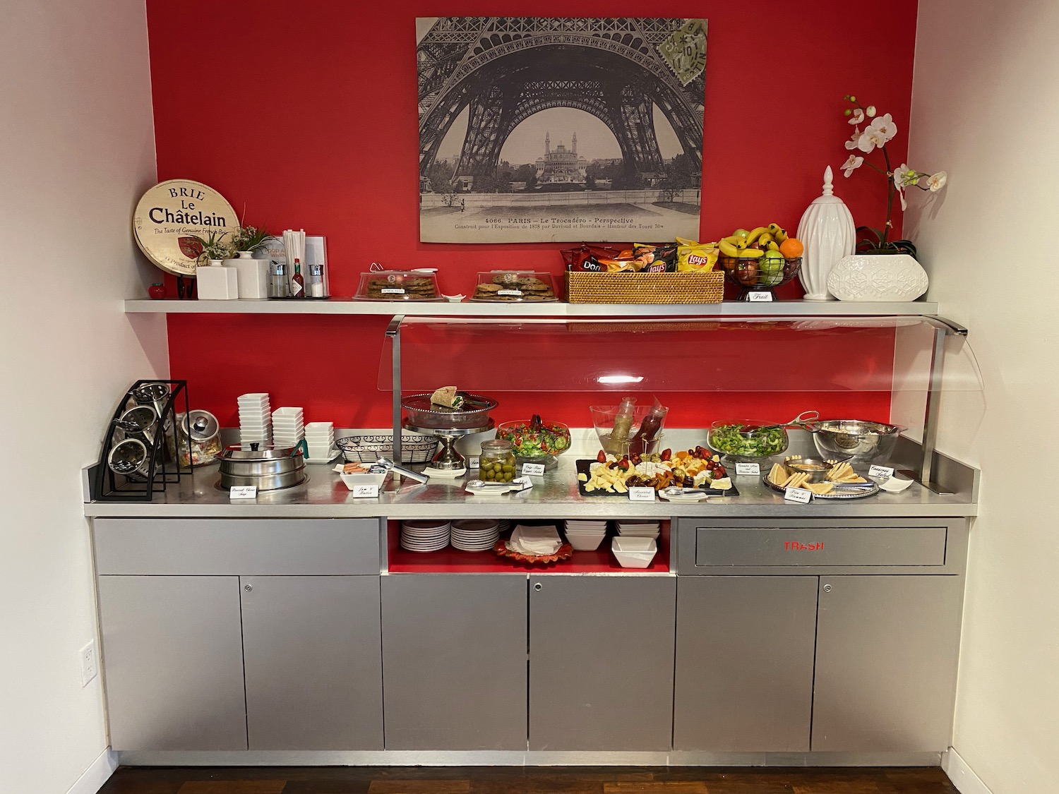 a buffet with food on the counter