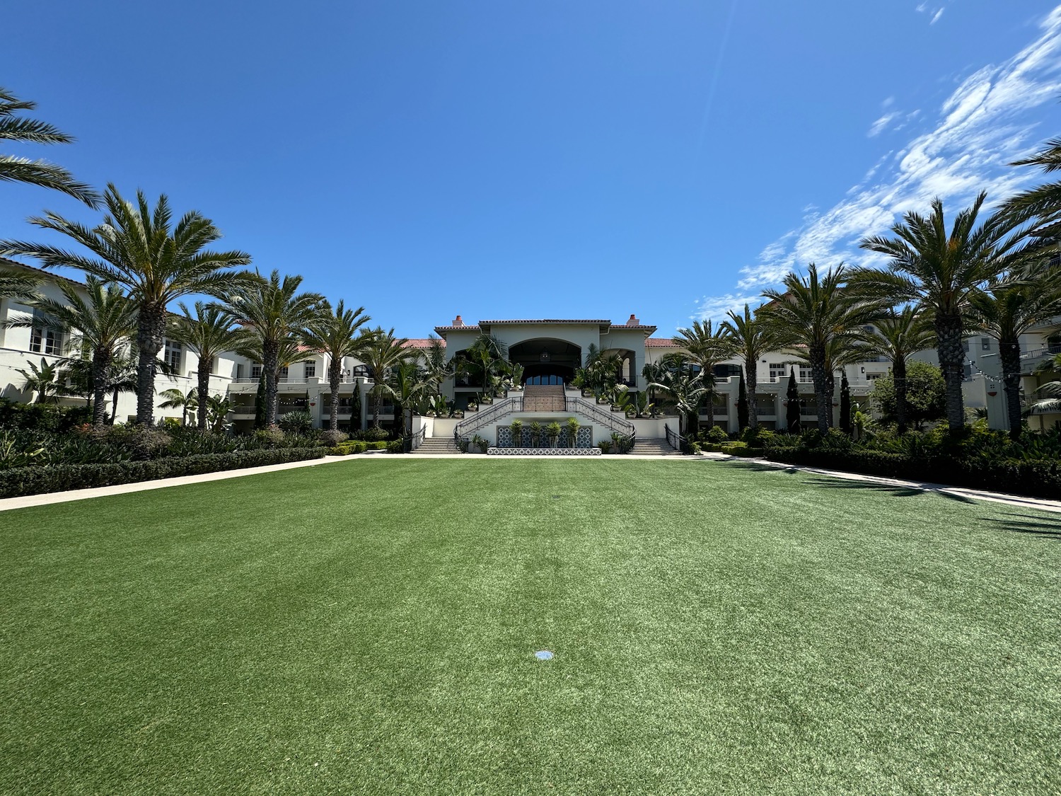 a large lawn with palm trees and a building in the background