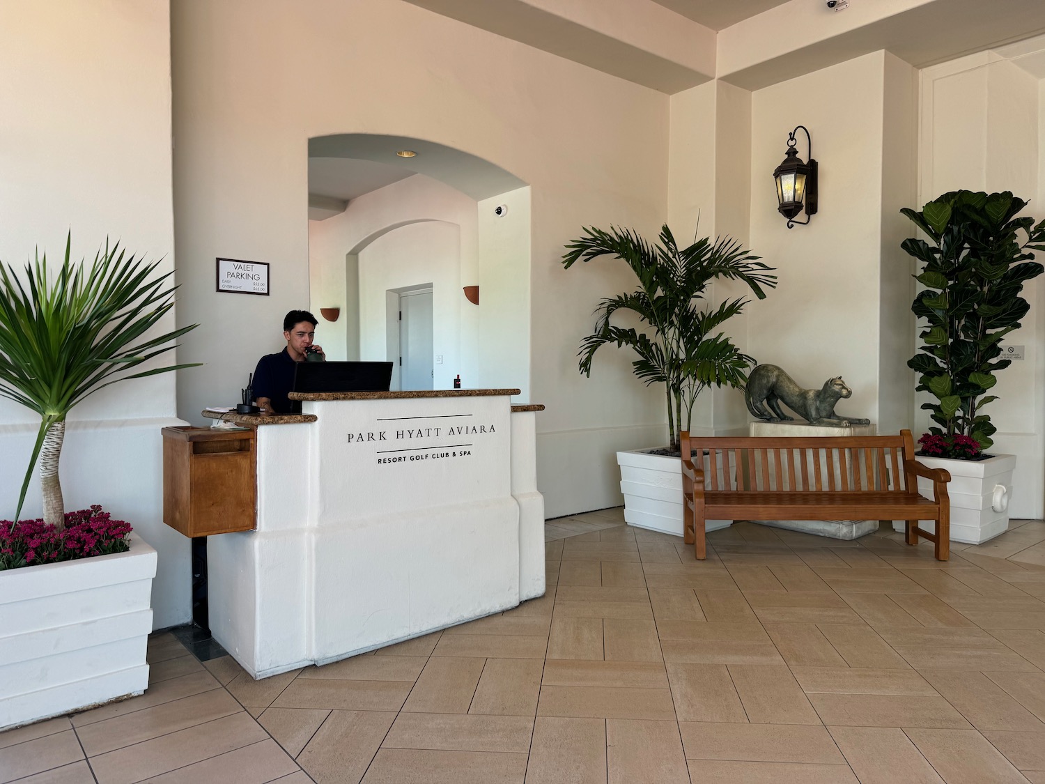 a man sitting at a desk in a hotel lobby