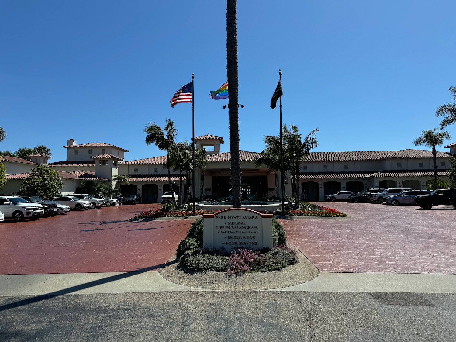 a building with flags in front of it