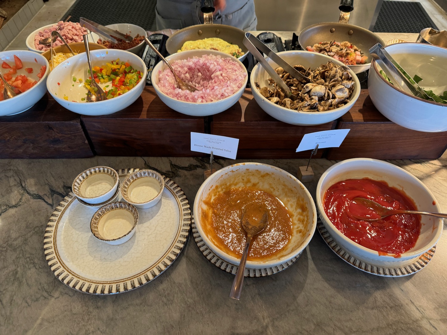 a buffet table full of food