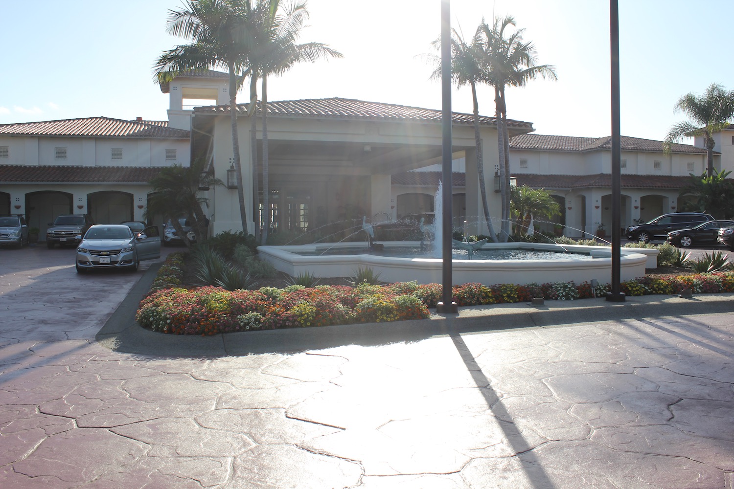 a building with a fountain and palm trees