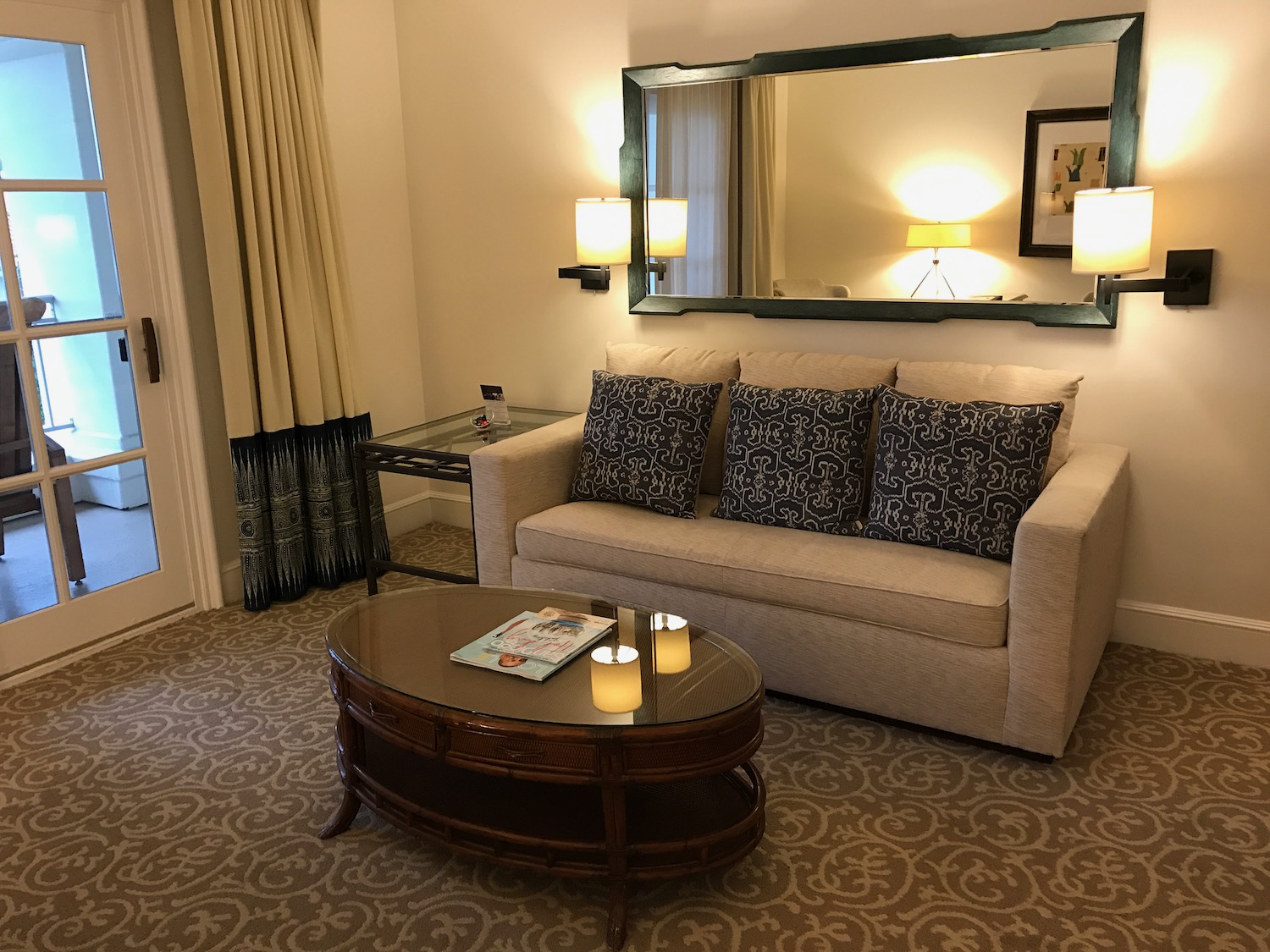 a living room with a couch and a coffee table