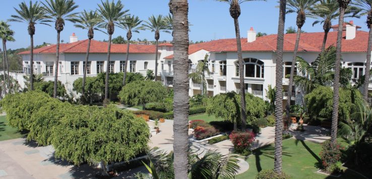 a building with palm trees and a lawn