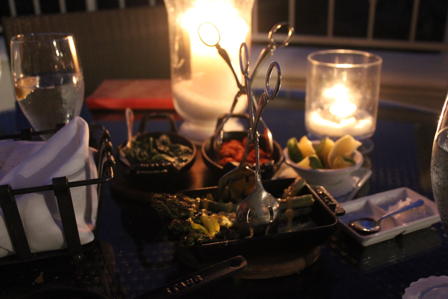 a table with food and candles