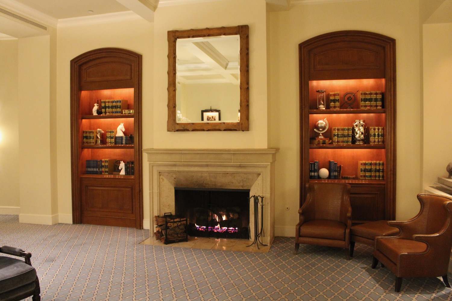 a fireplace and bookshelves in a room