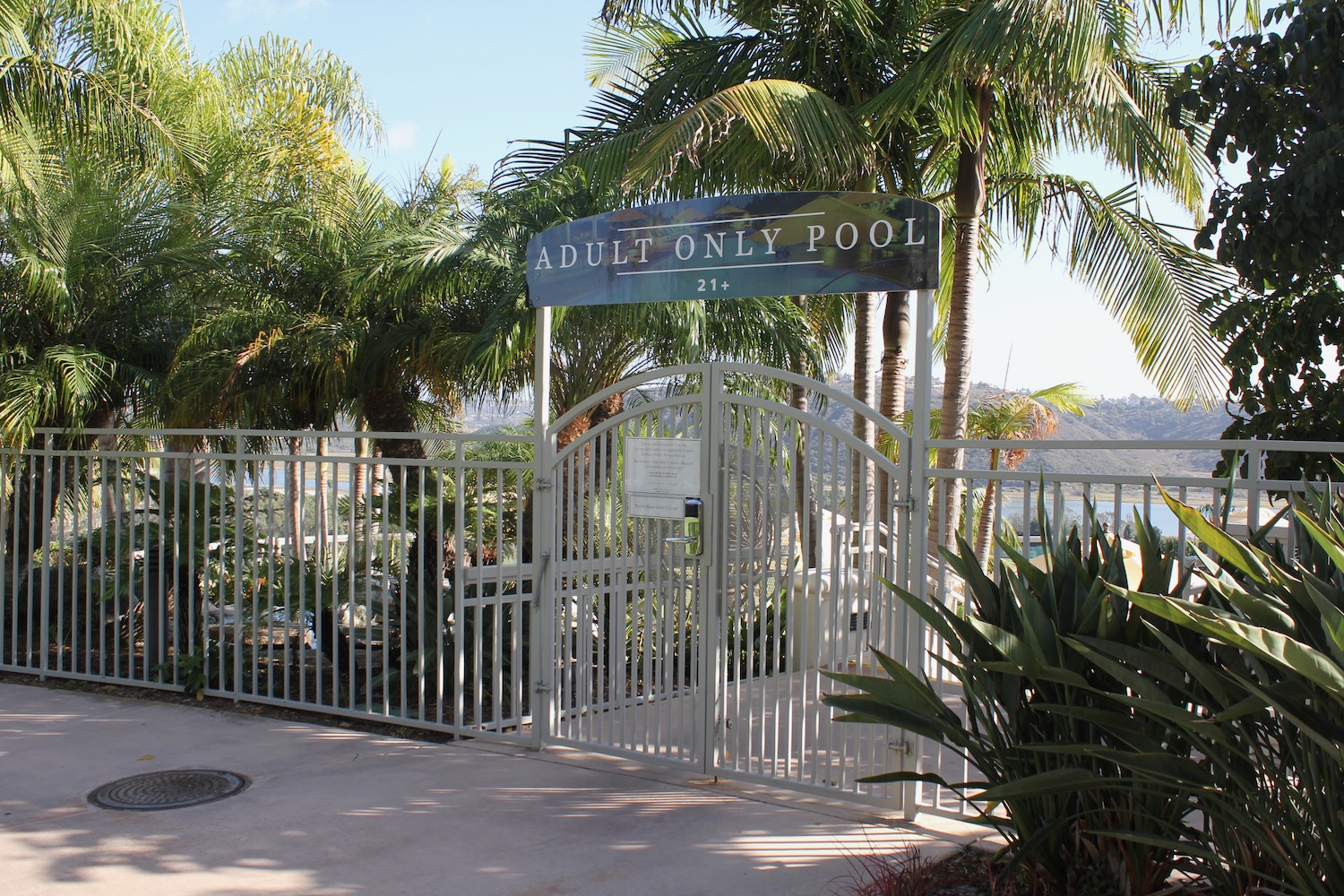 a gate with palm trees and a sign