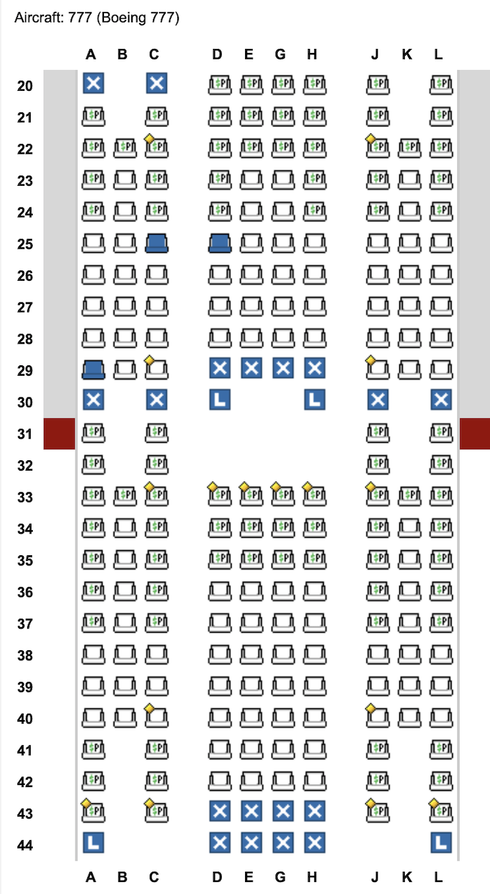 Three seats sold - 25C, 25D, and 29A