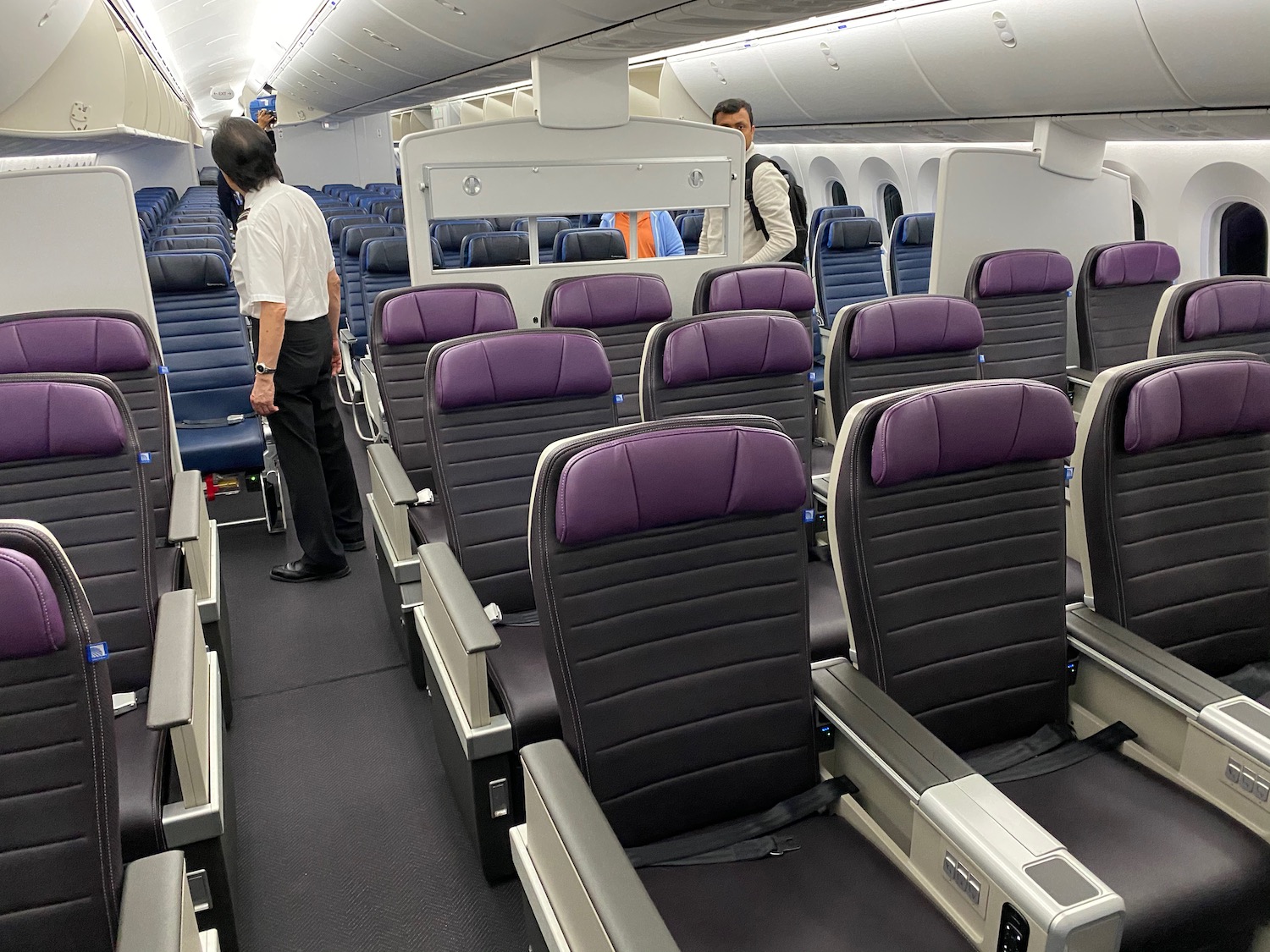 a plane with purple seats