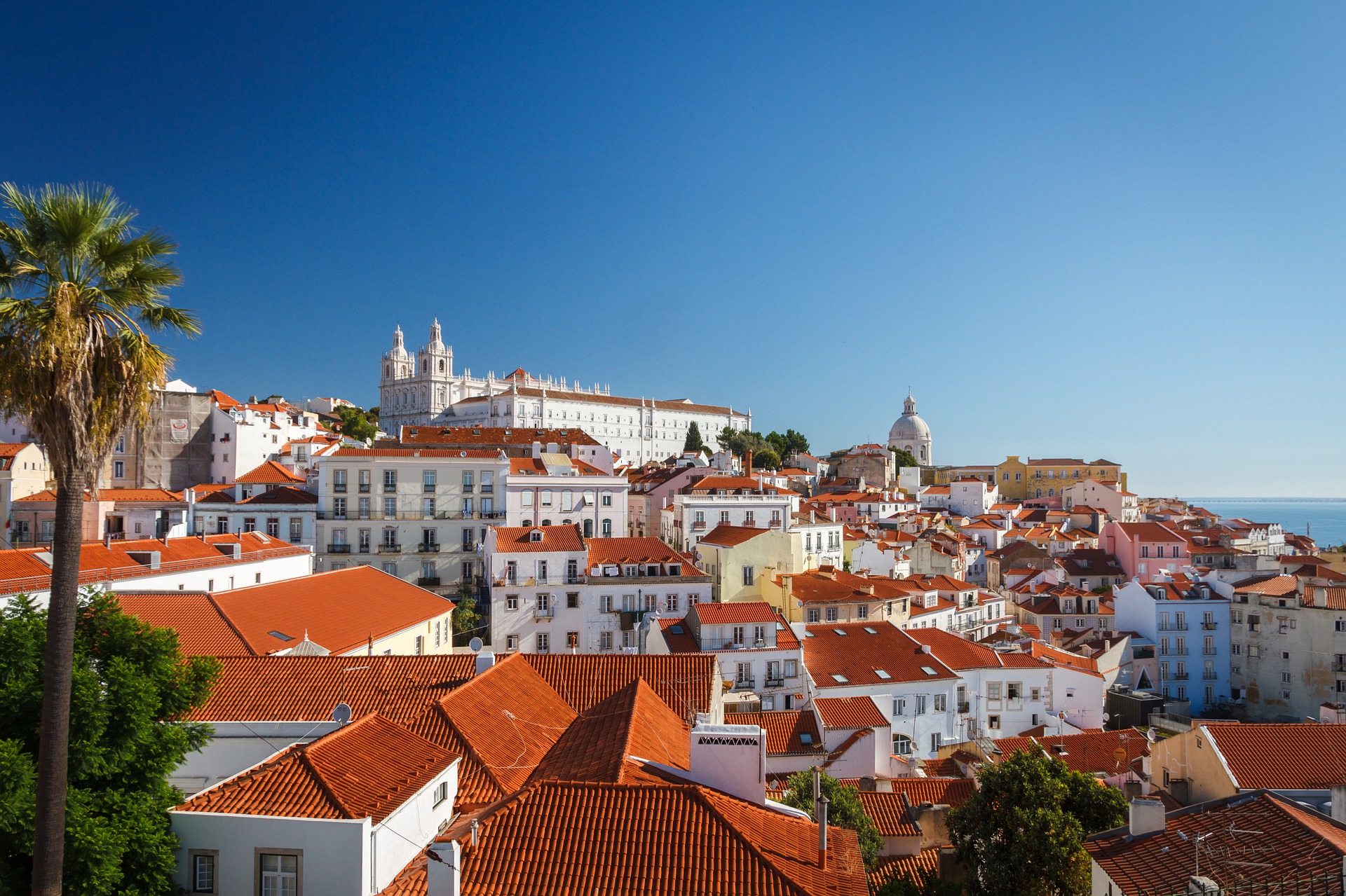 a group of buildings with red roofs