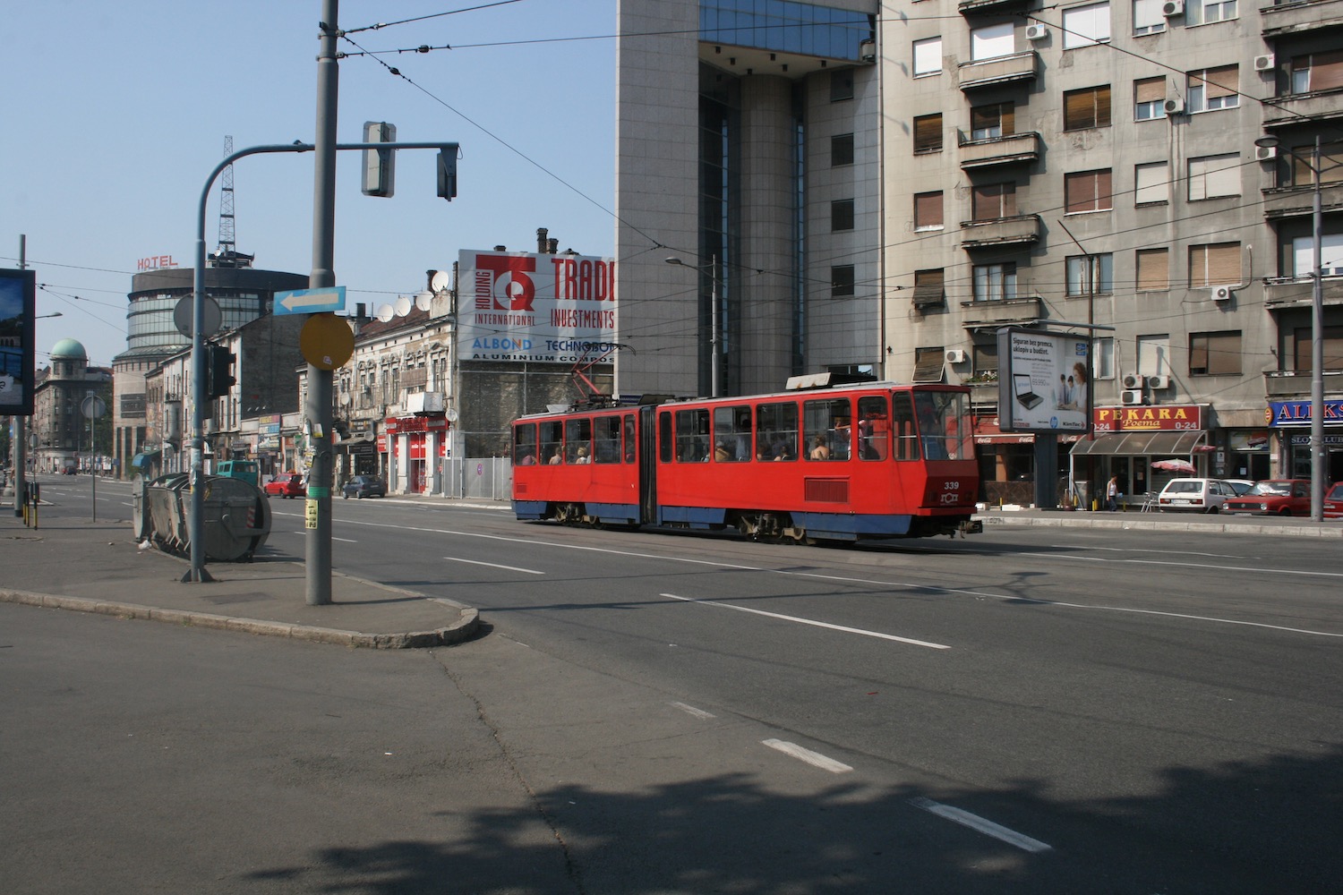 a red train on a street