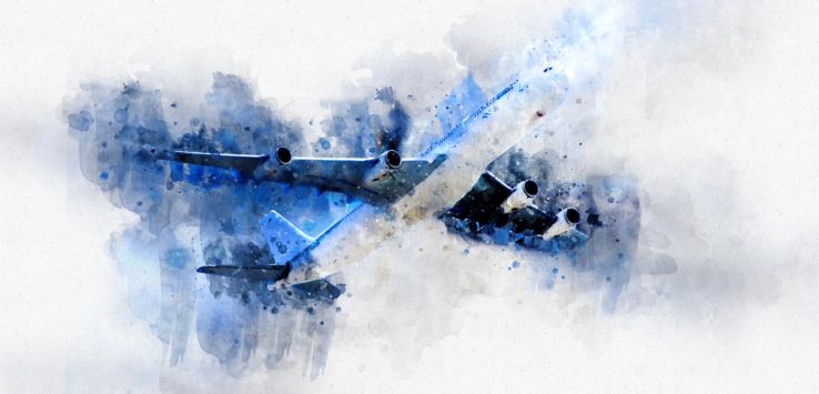 a watercolor of an airplane flying in the sky