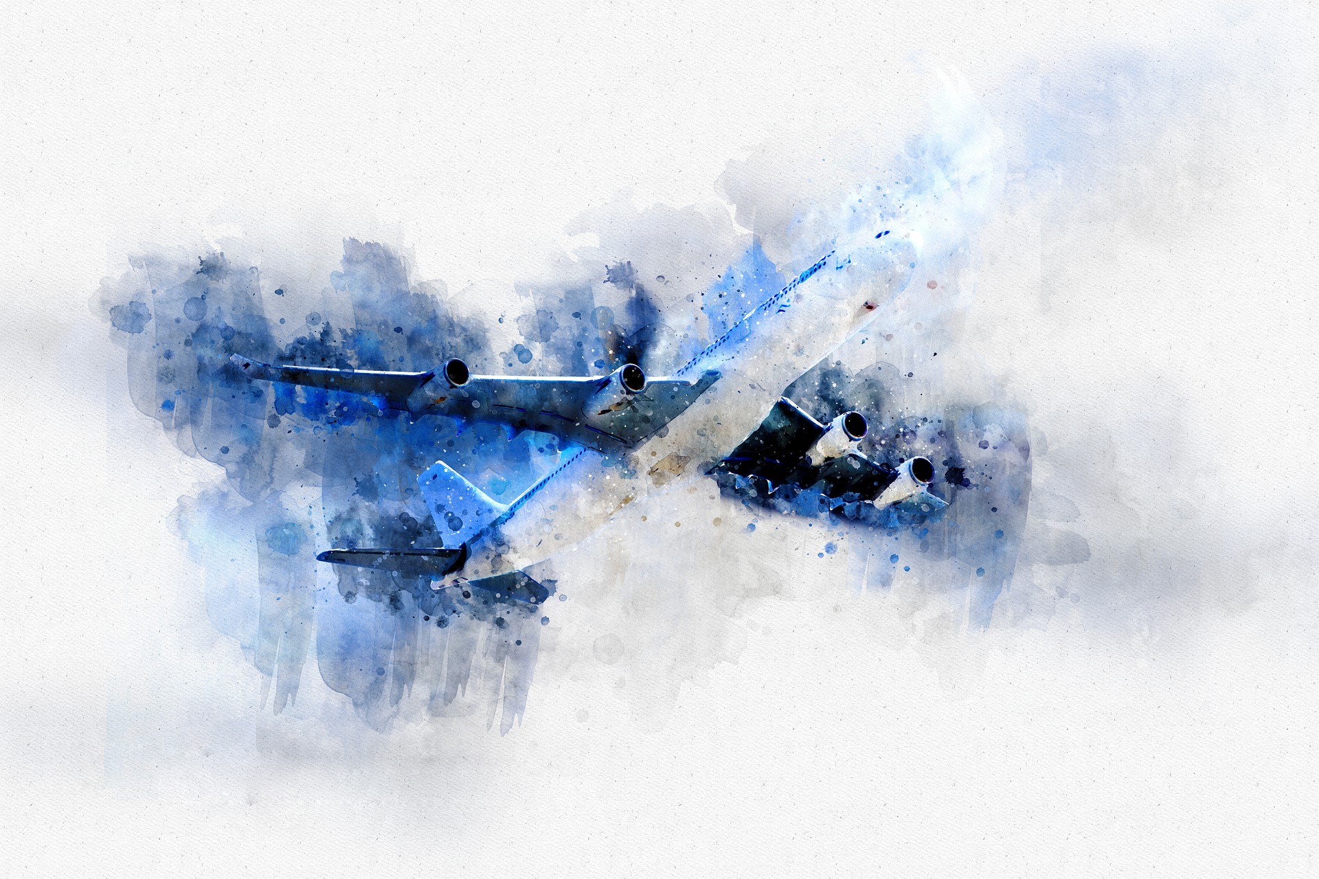 a watercolor of an airplane flying in the sky