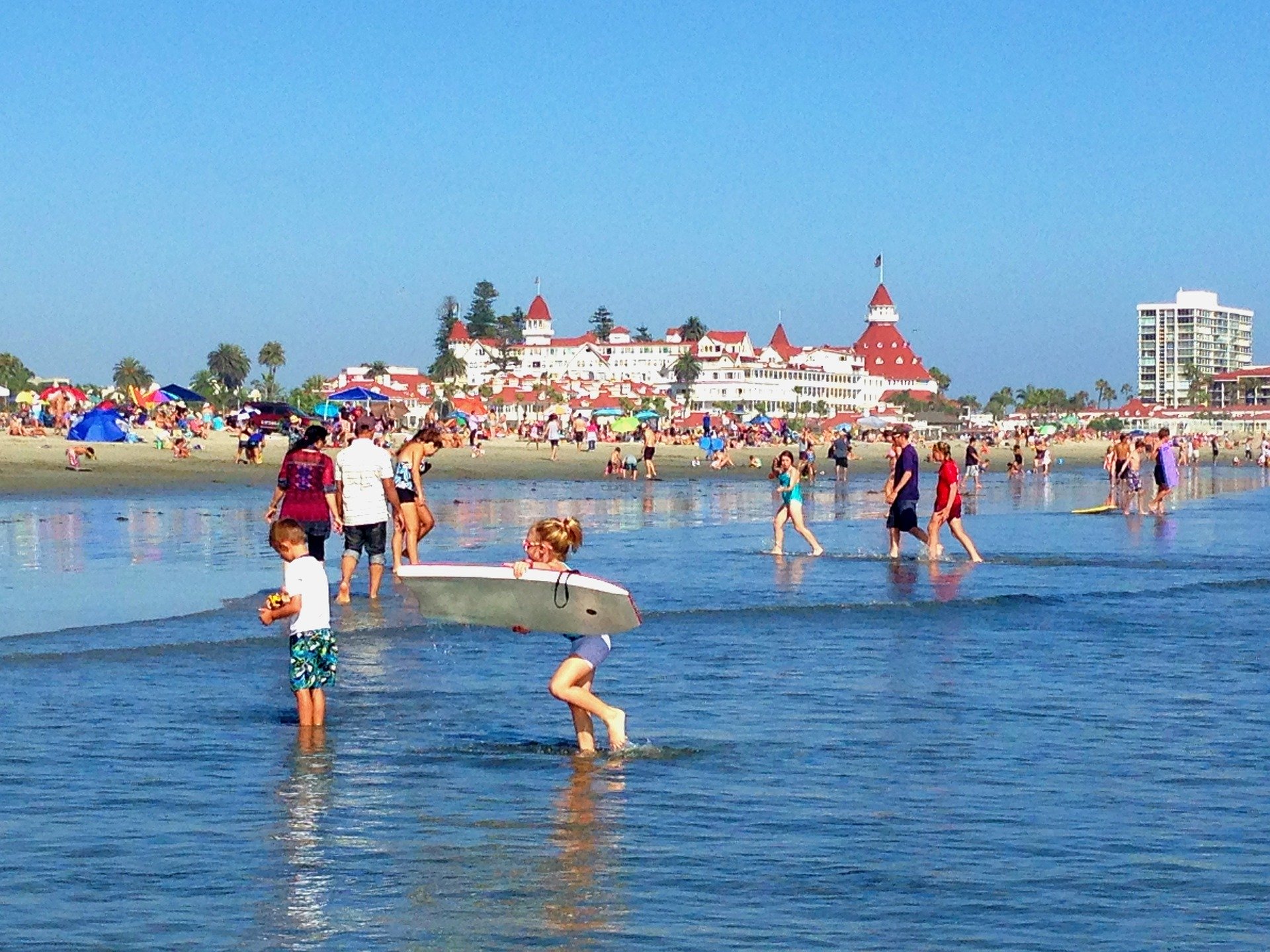 a group of people walking on a beach