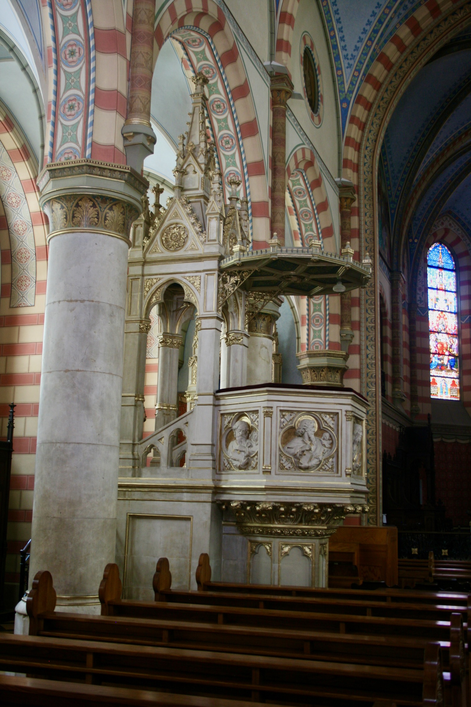 a church with a stone pulpit