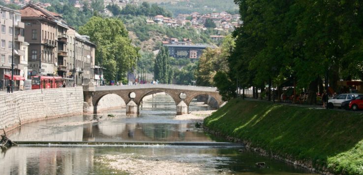 a bridge over a river with trees and buildings in the background