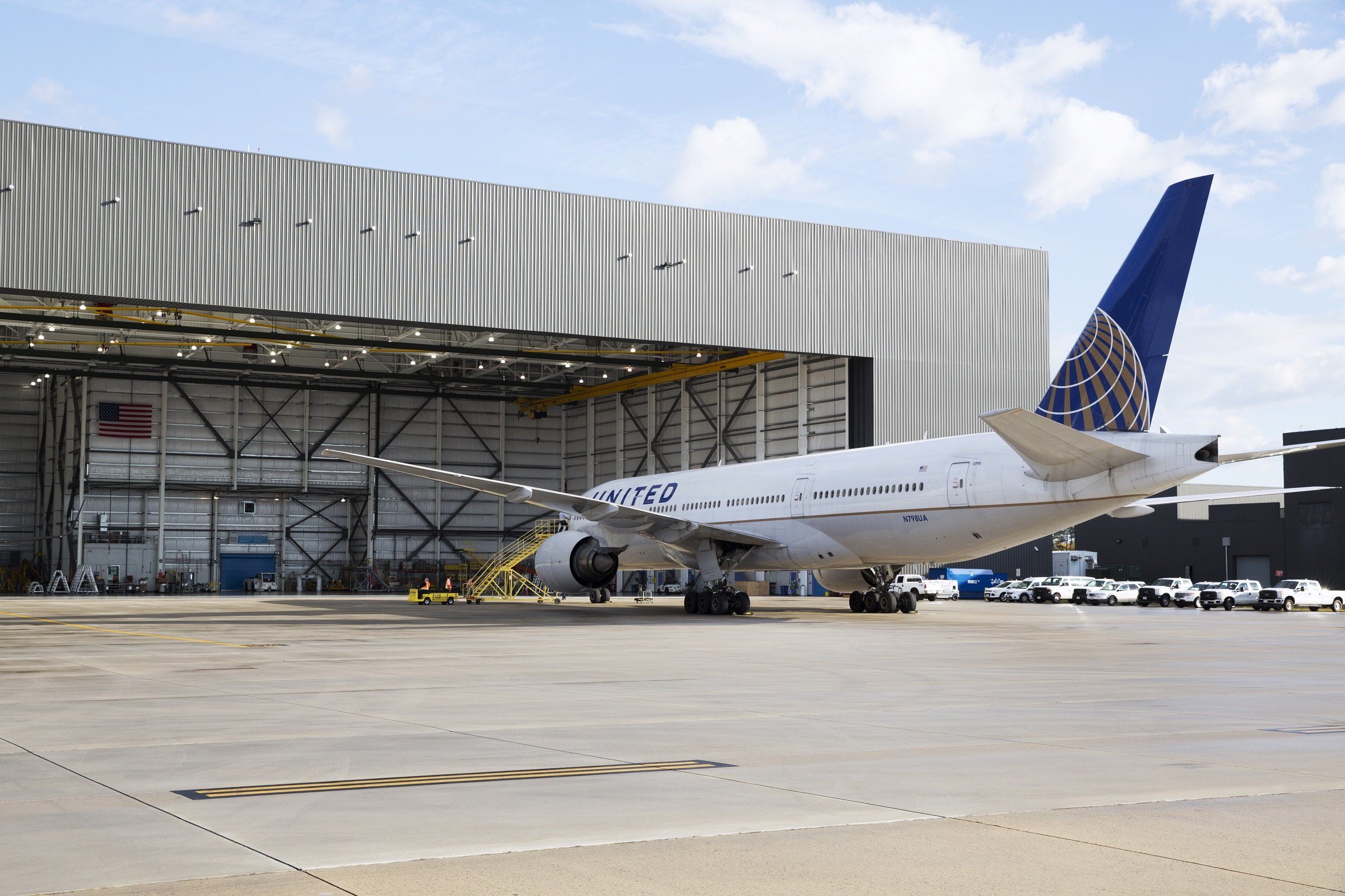 an airplane parked in a hangar