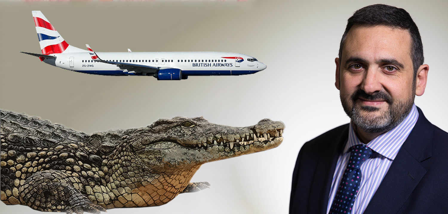 a man in a suit and crocodile with a plane in the background