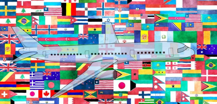 a plane surrounded by flags