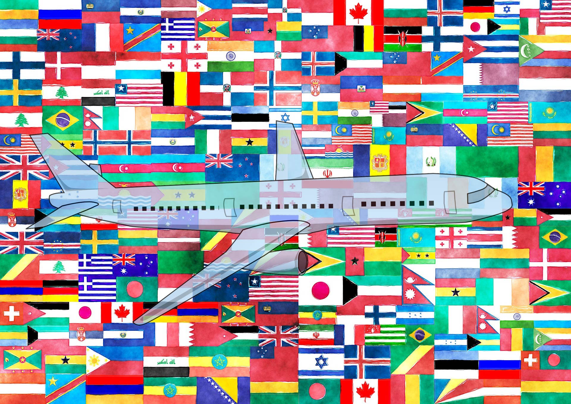a plane surrounded by flags