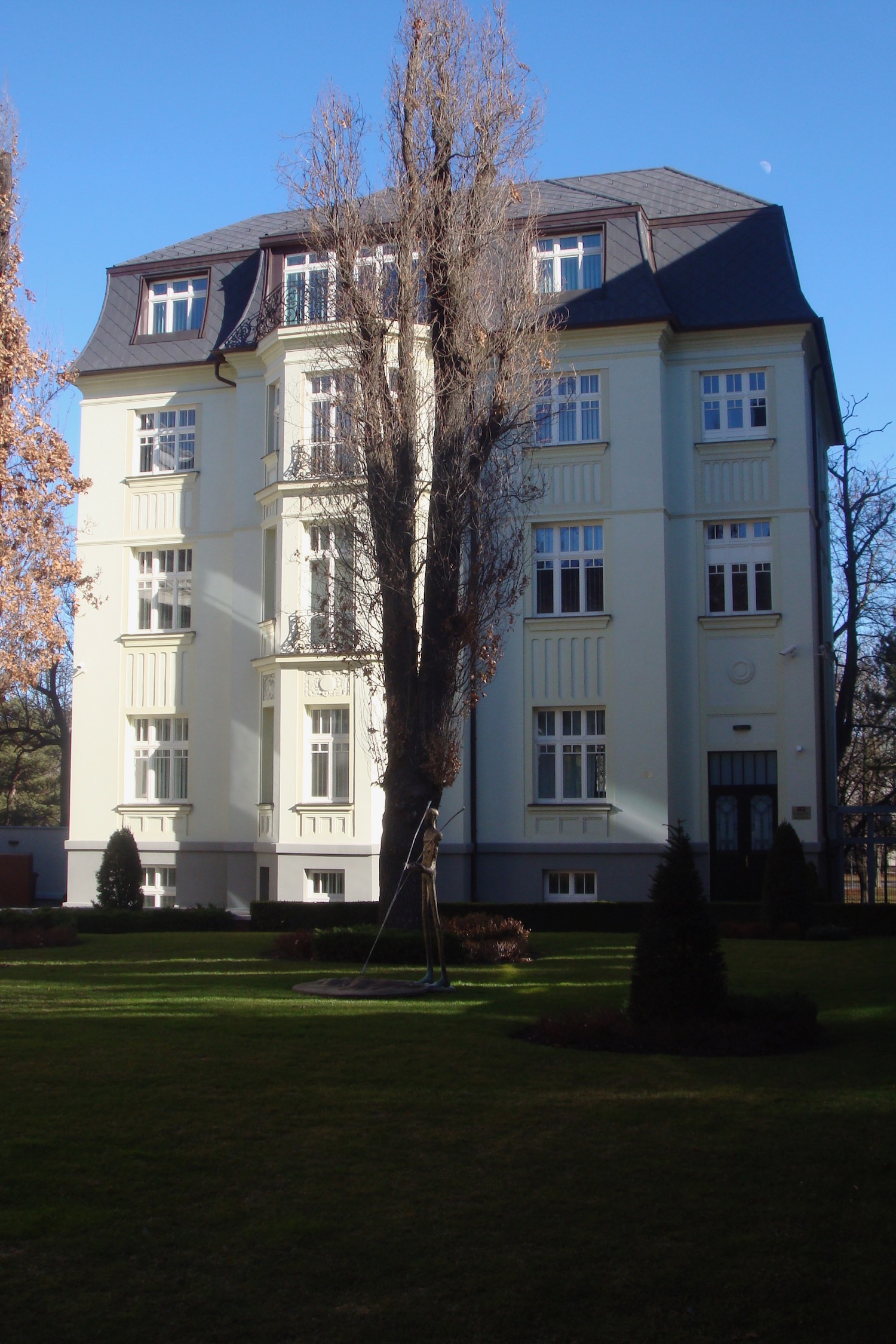 a large white building with a tree in front of it