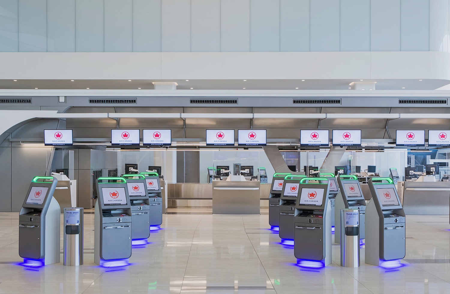 a group of kiosks in a building