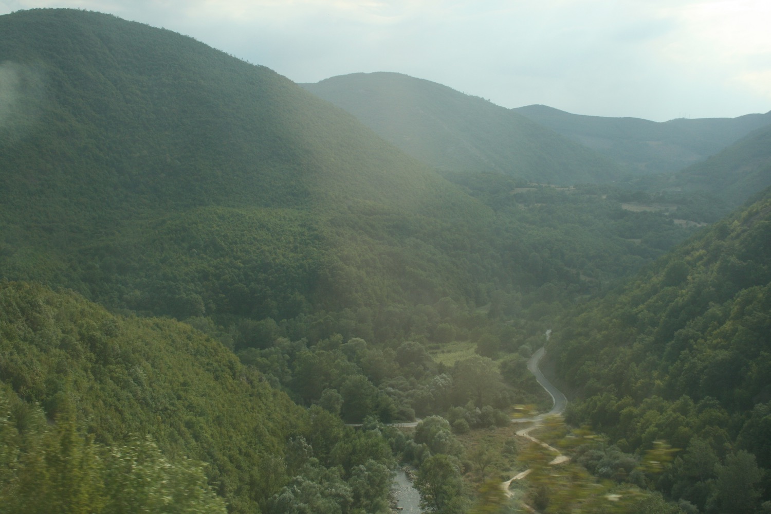 a winding road through a valley of trees