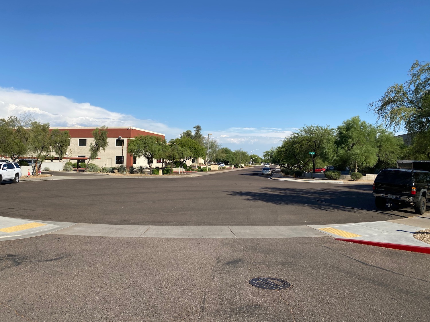 a street with cars and trees