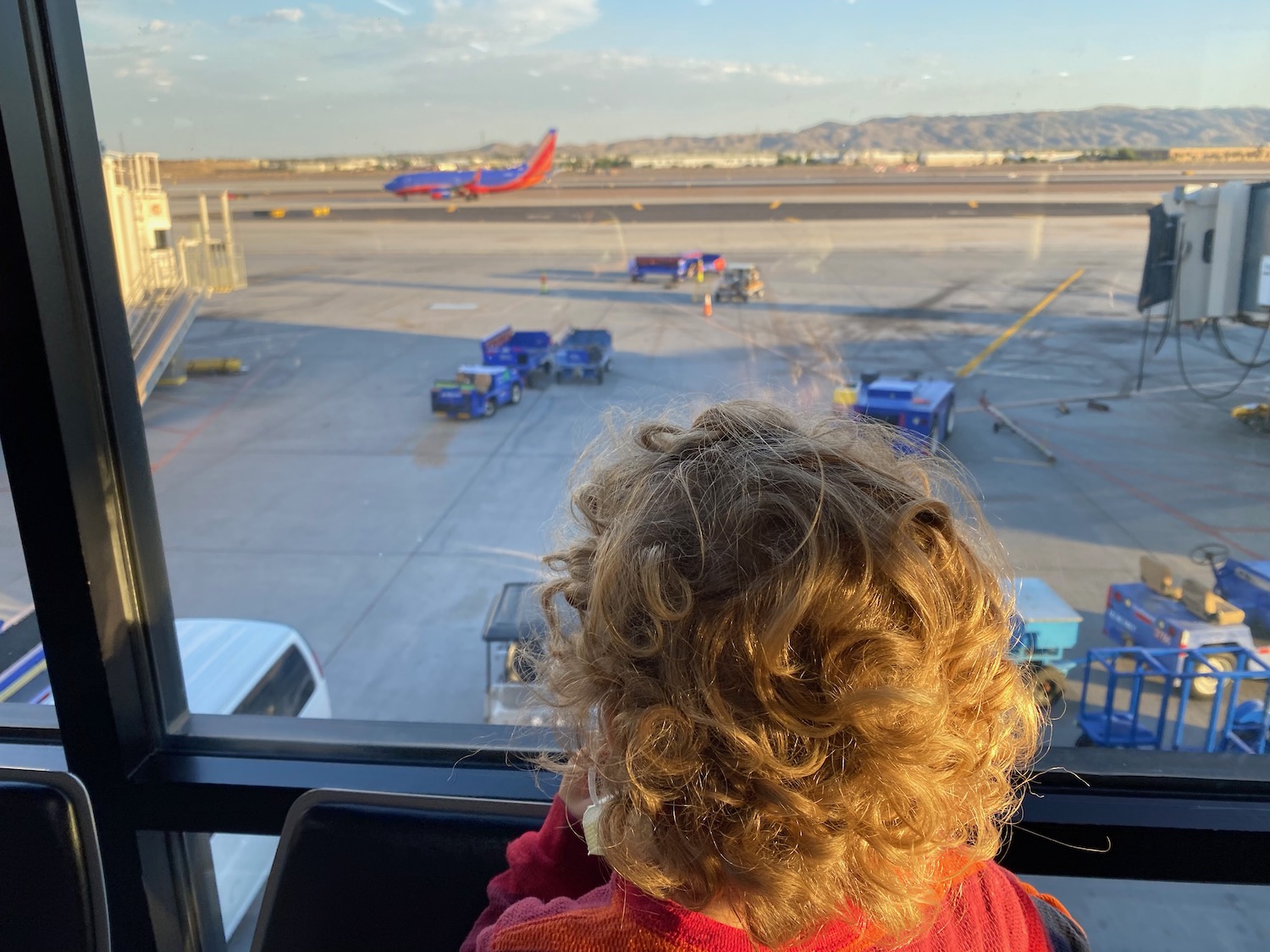 a child looking out a window at an airport