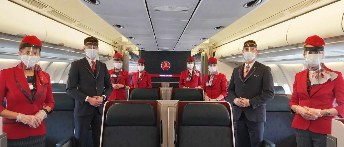 a group of people wearing face masks and standing in a plane