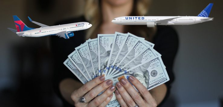 a woman holding money and a plane
