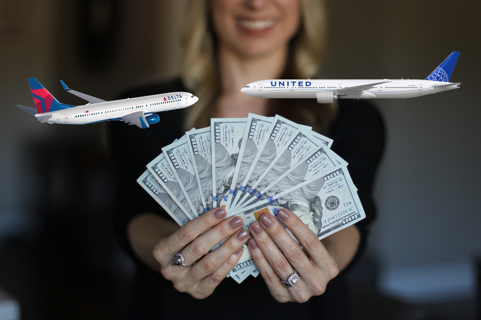 a woman holding money and a plane