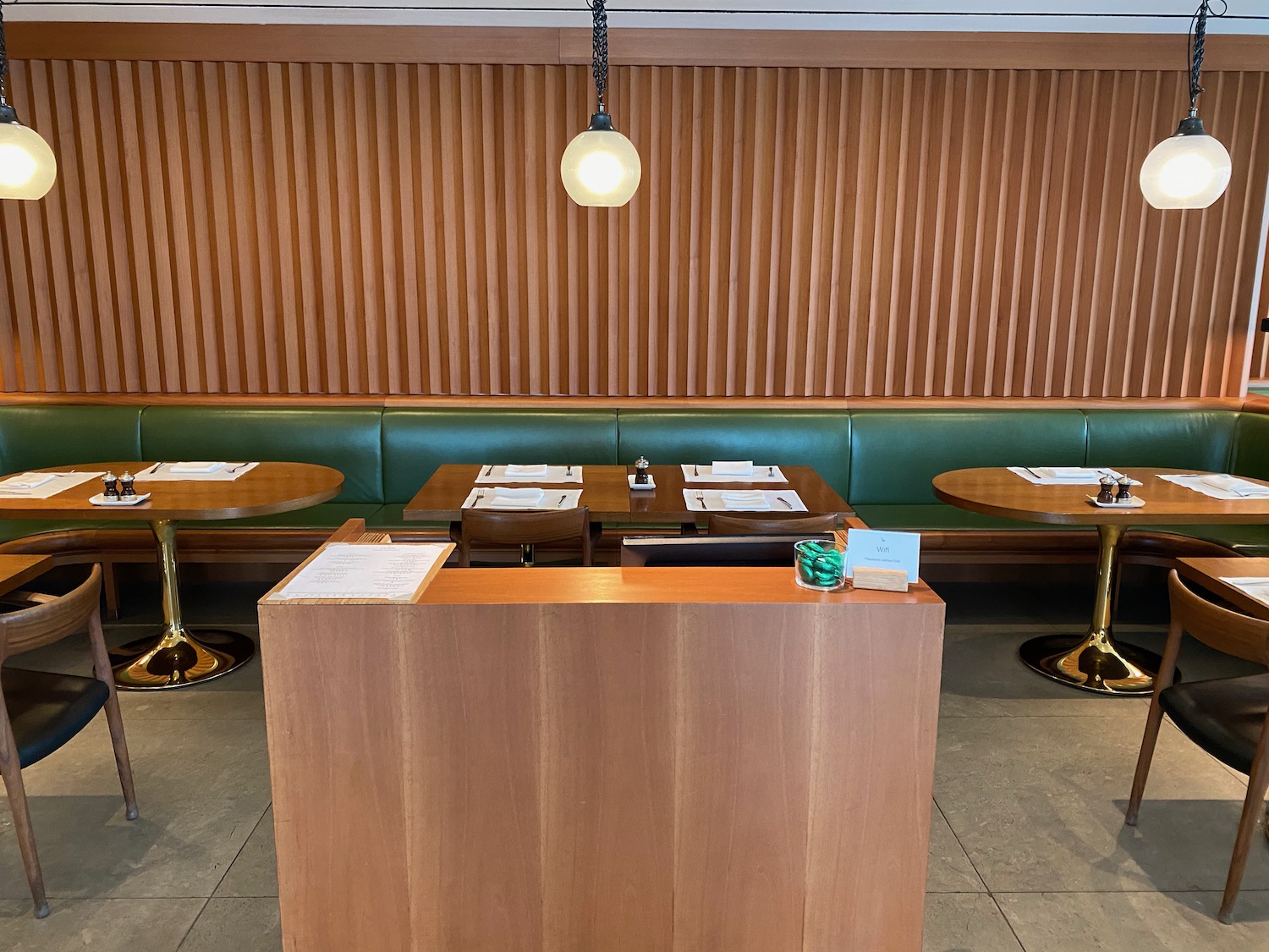 a table and chairs in a restaurant