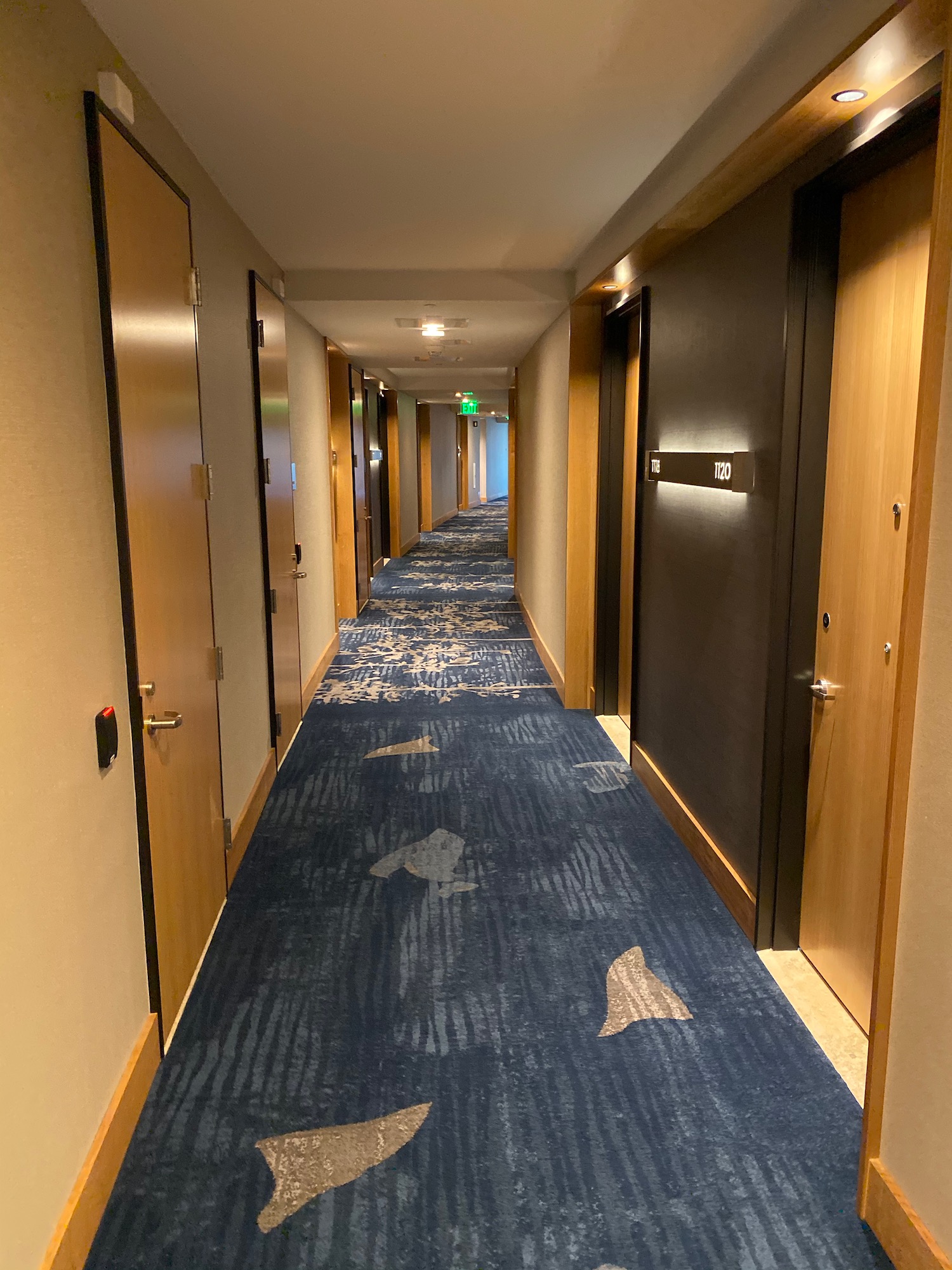 a long hallway with blue carpet and doors
