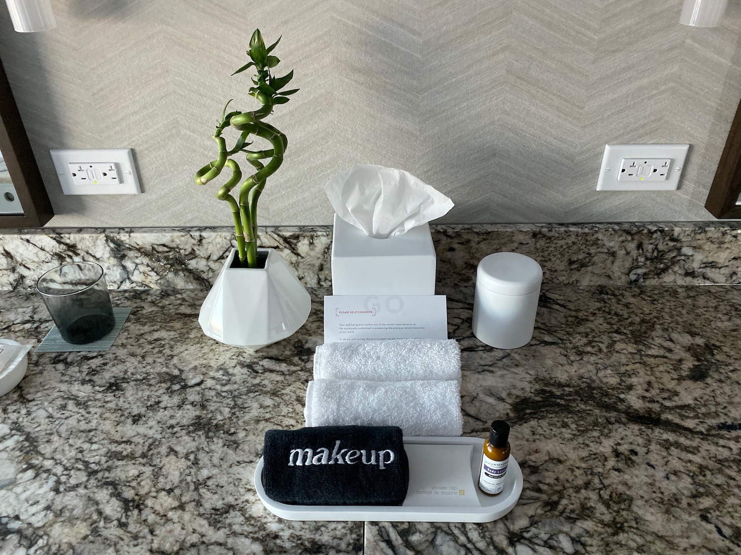 a bathroom counter with a towel and a plant