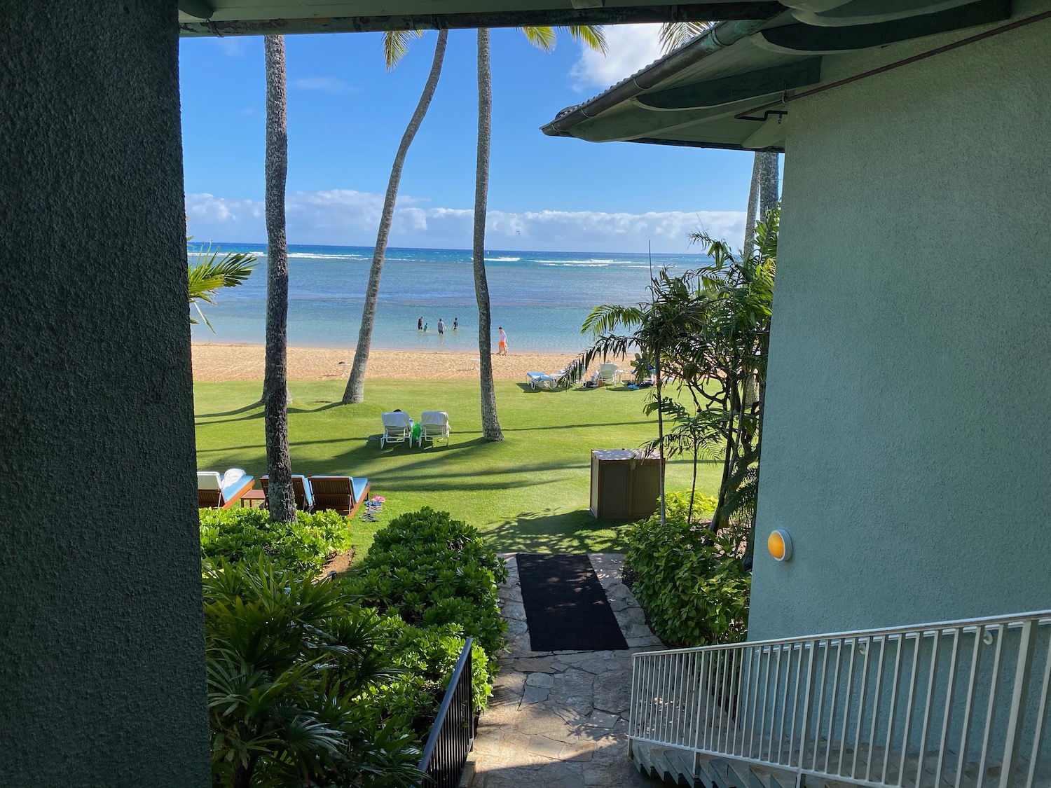 a view of a beach from a building