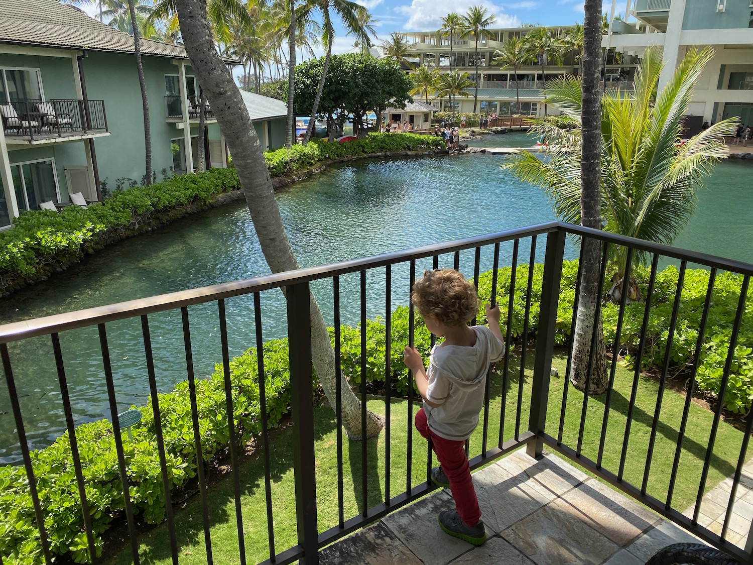 a child standing on a balcony overlooking a body of water