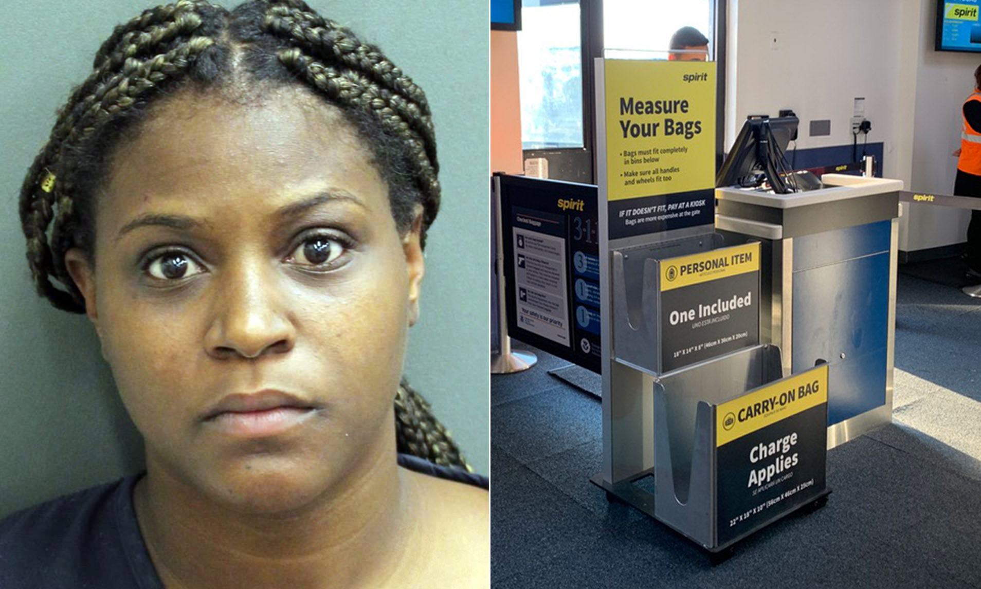 a woman with braids and a sign next to a counter