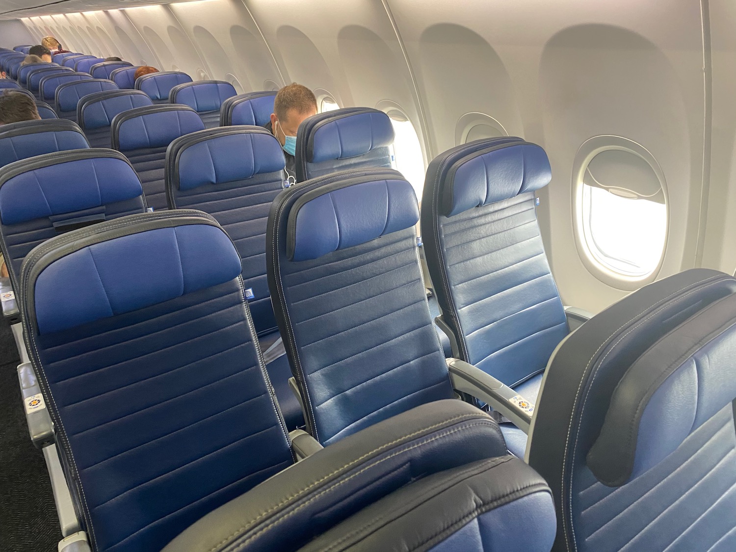 a plane with blue seats