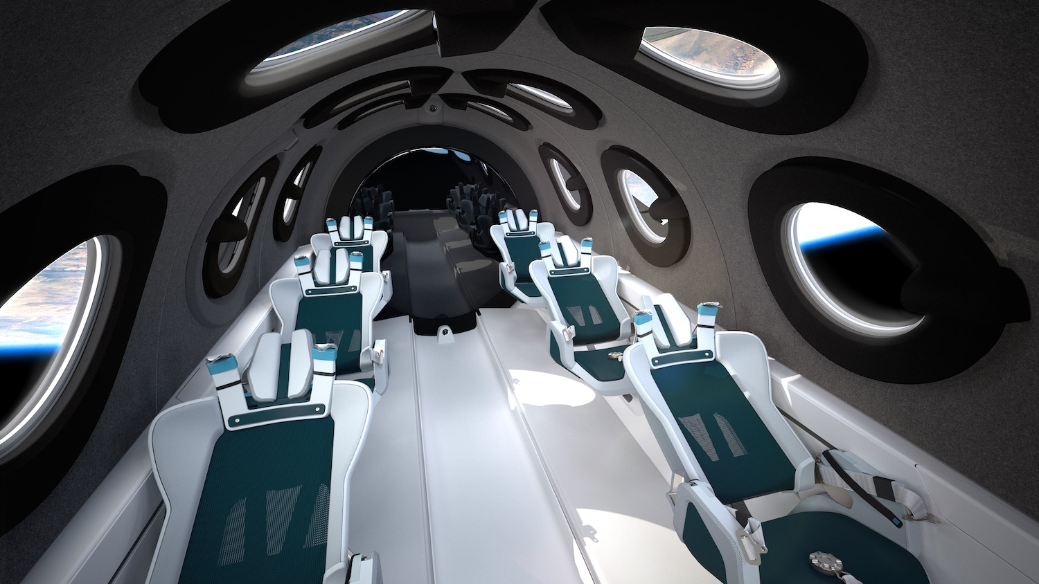 a interior of an airplane with seats