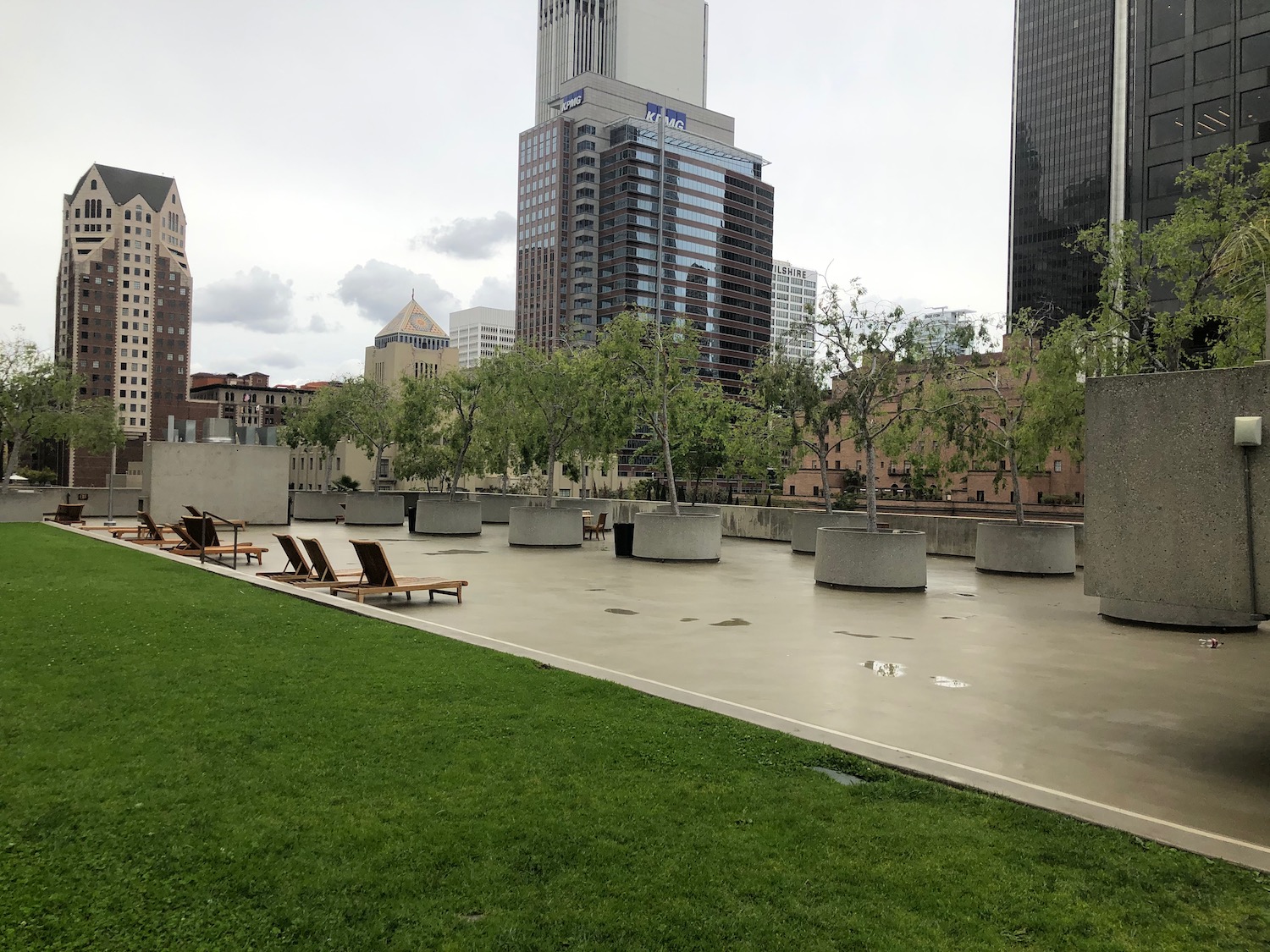 a park with chairs and trees in the background