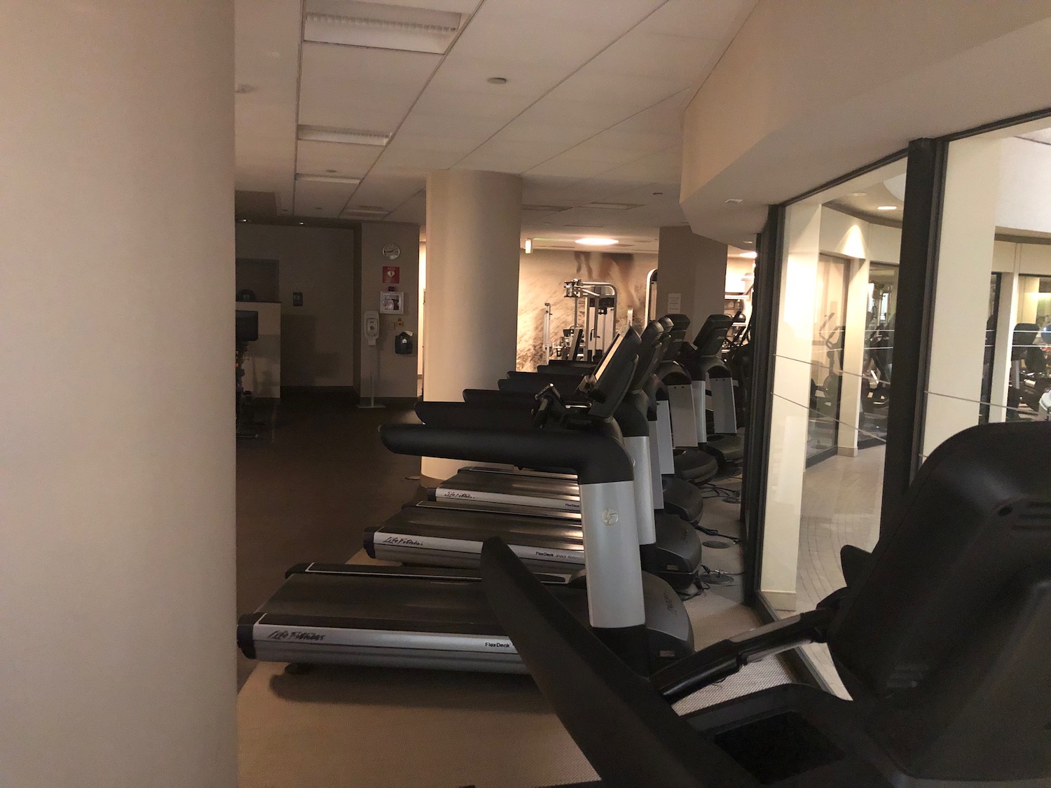 a group of treadmills in a gym