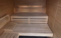 a wooden bench in a sauna